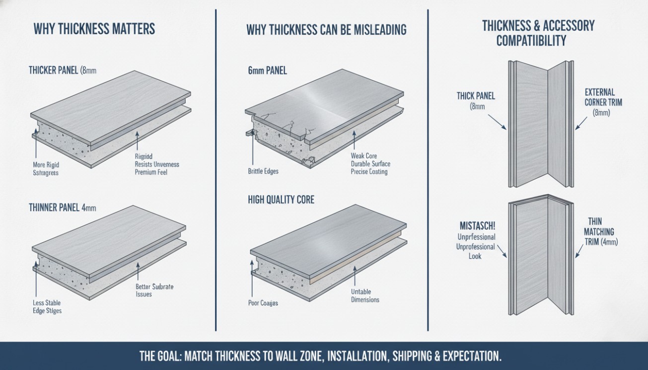 SPC wall panel thickness guide showing why core quality, panel thickness and accessory compatibility should be checked together